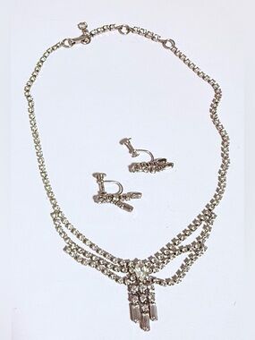 Vintage 1950s Clear Rhinestone Waterfall Necklace & Screwback Earrings Set
